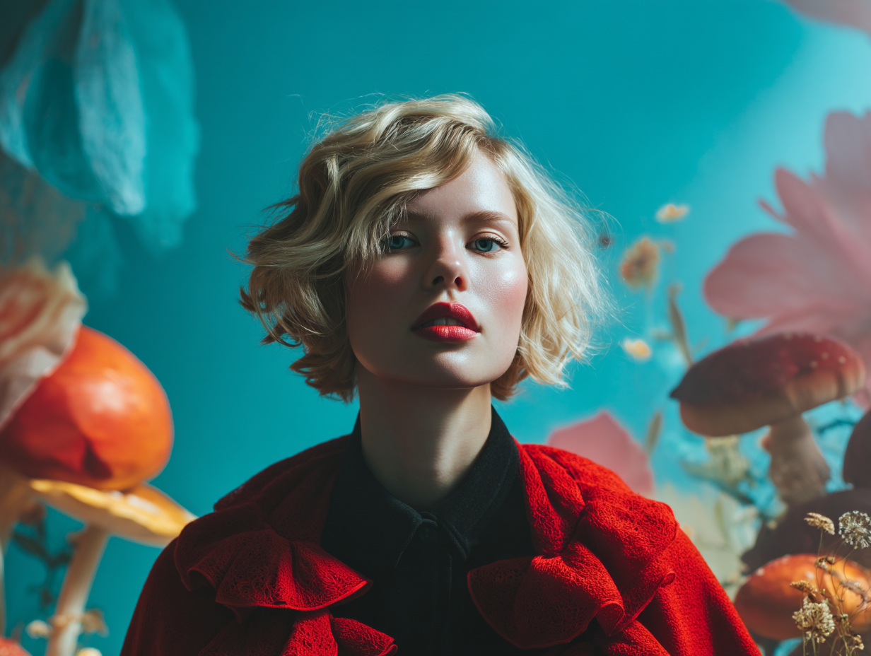 Surreal fashion portrait of a blonde woman in a red ruffled cape among oversized mushrooms on a teal background, ImagineArt AI Music Generator