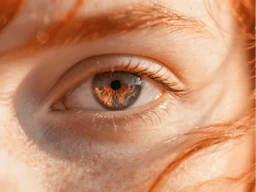 Extreme close-up macro of a human eye with ginger lashes and an amber iris in warm light, ImagineArt AI Music Generator