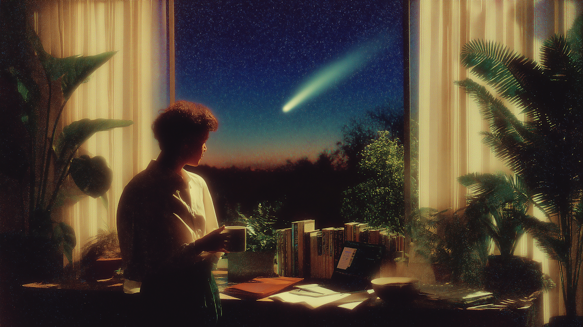 Cinematic film-style scene of a person watching a comet streak across a starry night sky from a plant-filled study, ImagineArt AI Music Generator
